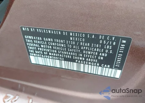 2016 Volkswagen Jetta 1.4T S из США, поврежденный, VIN 3VW267AJ9GM389152